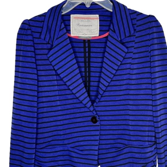 Anthropologie Cartonnier Royal Blue/Black Striped Ponte Ruffle Blazer - S - Picture 3 of 12
